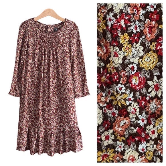 Zara Other - Zara Girls Brown Pink Yellow Floral Smocked Long Sleeve Peasant Dress